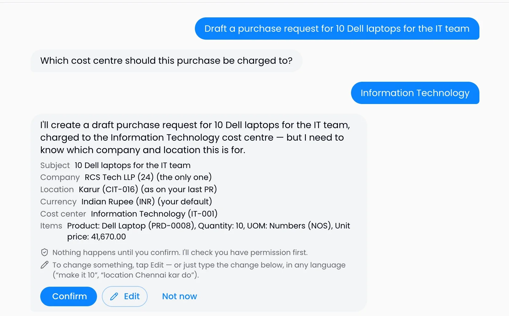 Ask AI drafting a purchase request for 10 Dell laptops in ProcurePulse, with company, location, cost centre and item filled from existing data