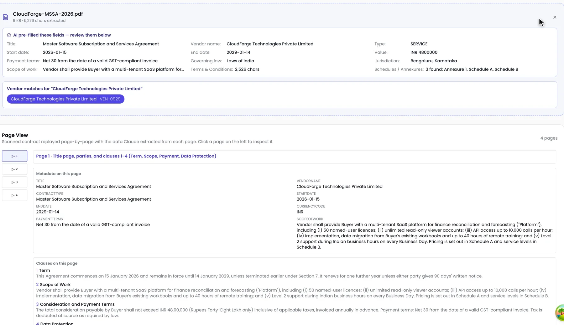 ProcurePulse new contract pre-filled by Contract AI from the vendor PDF, with the vendor matched and a page-by-page view