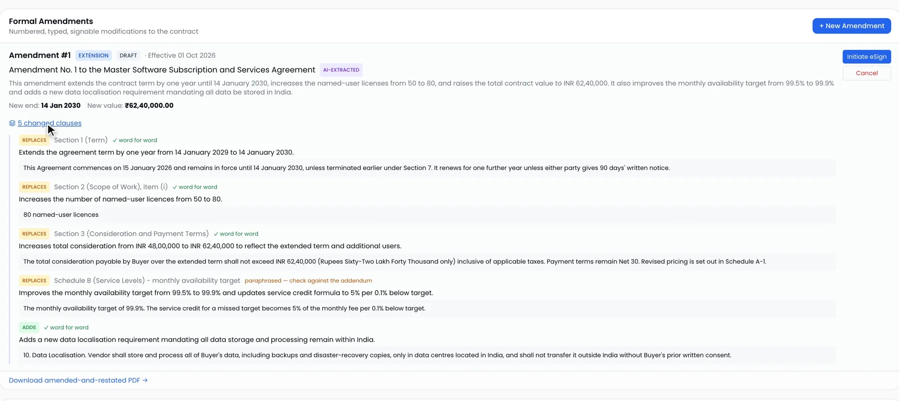 ProcurePulse contract amendment listing each changed clause, what it replaces, and the downloadable amended contract