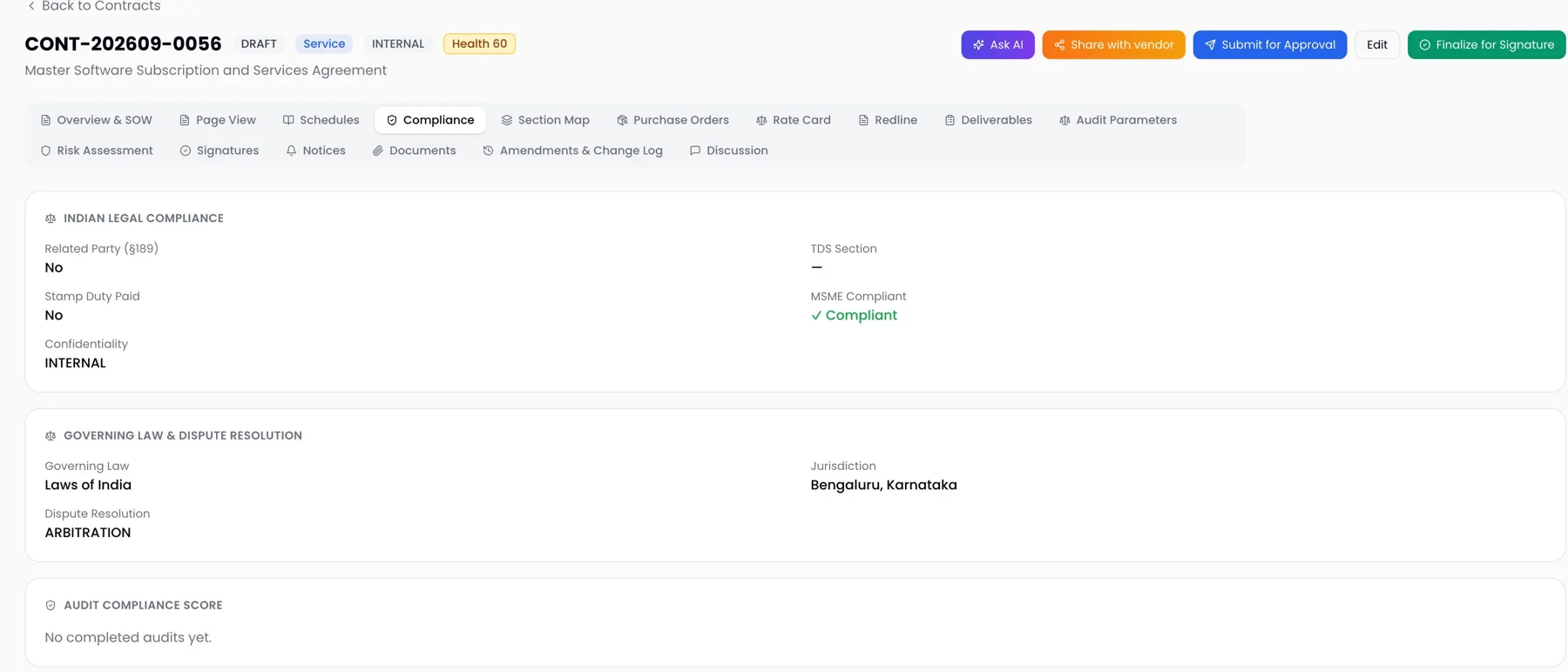 ProcurePulse contract compliance tab with Indian legal compliance, governing law and dispute resolution