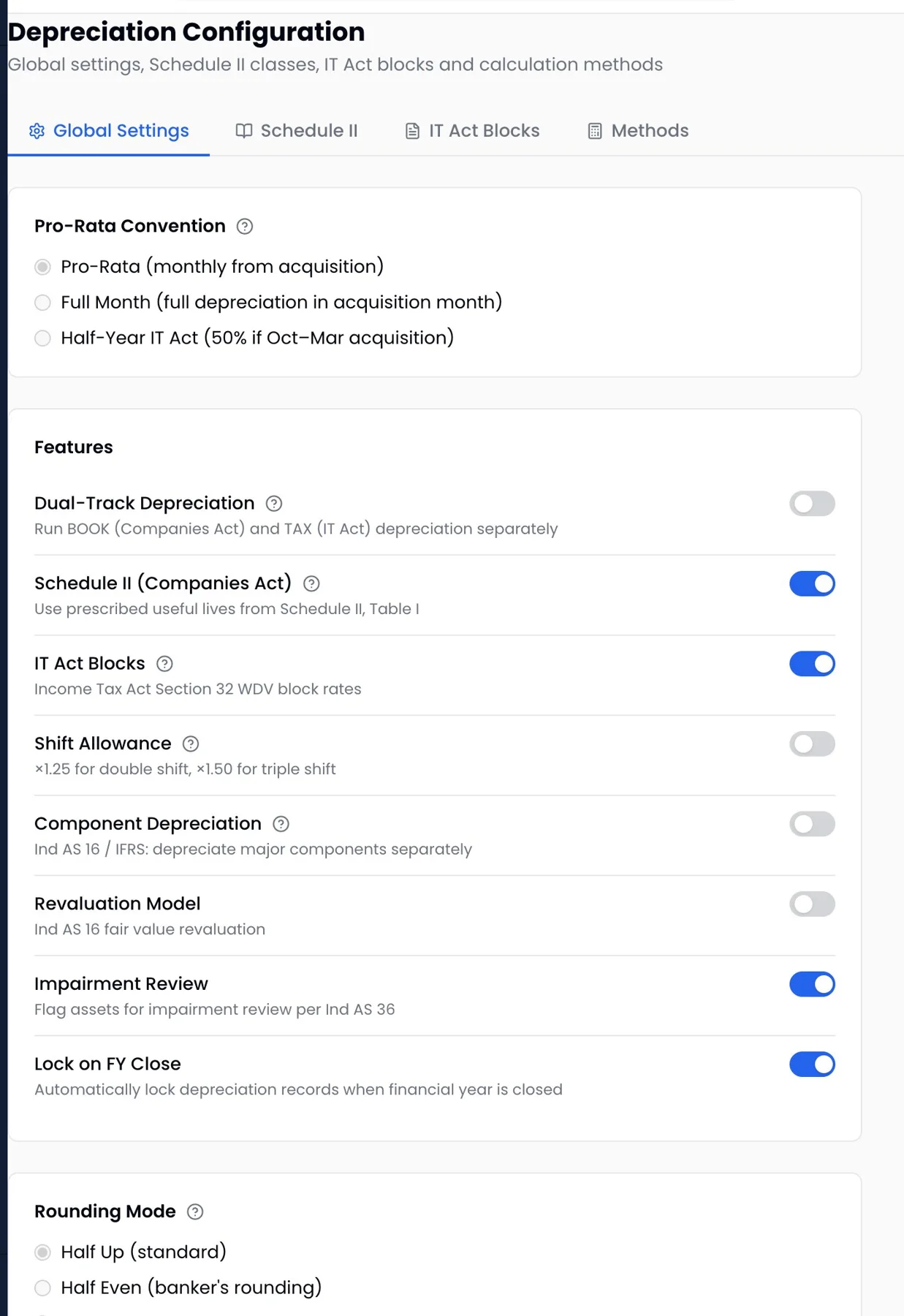 ProcurePulse depreciation configuration with pro-rata convention, Schedule II and IT Act block toggles, impairment review and FY-close lock