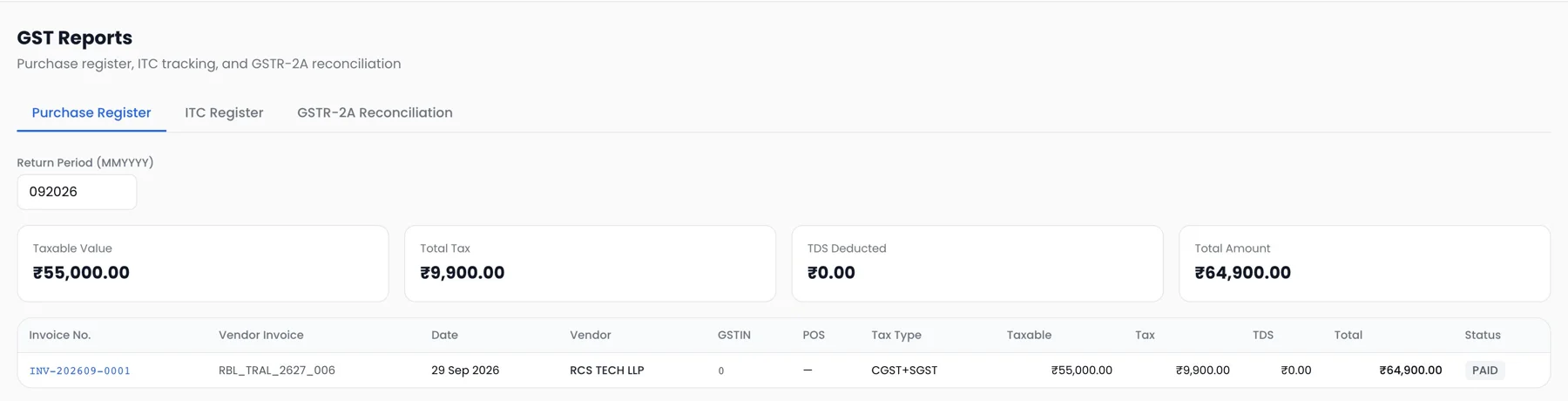 ProcurePulse GST purchase register with taxable value, tax, TDS and invoice status