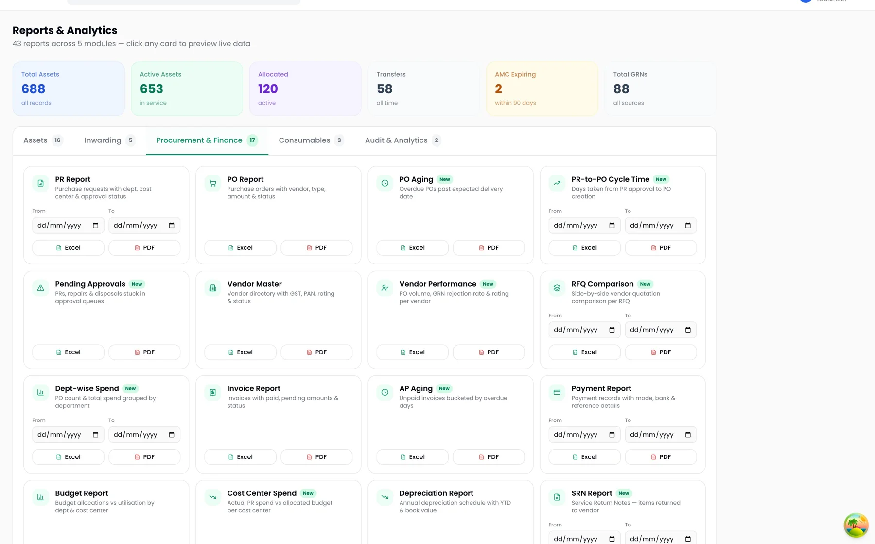 ProcurePulse procurement and finance reports such as PR, PO, PO aging, PR-to-PO cycle time, vendor performance and RFQ comparison