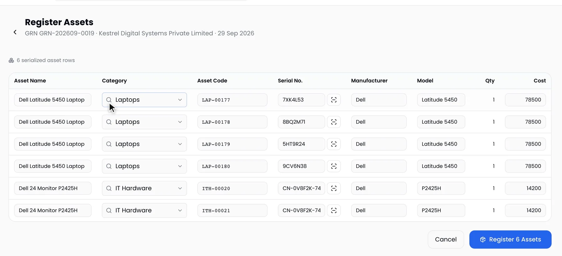 ProcurePulse registering serialised equipment from a goods receipt, one asset per unit