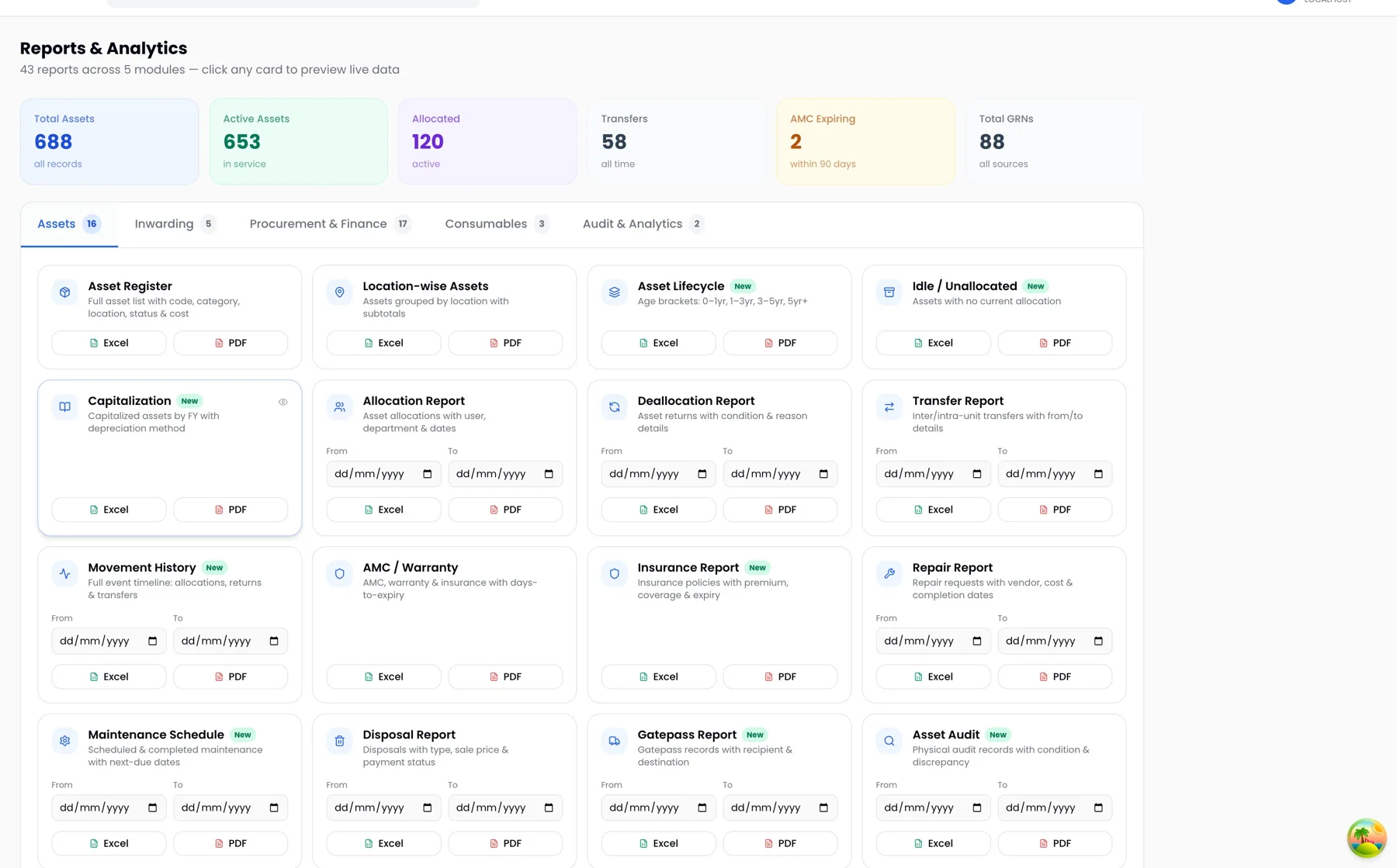 ProcurePulse Reports and Analytics with asset reports such as asset register, lifecycle, capitalization and transfer reports, exportable to Excel or PDF