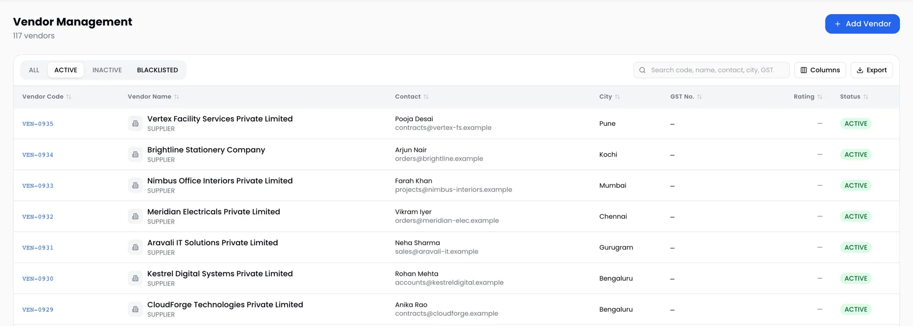 ProcurePulse vendor master used to shortlist suppliers for sourcing