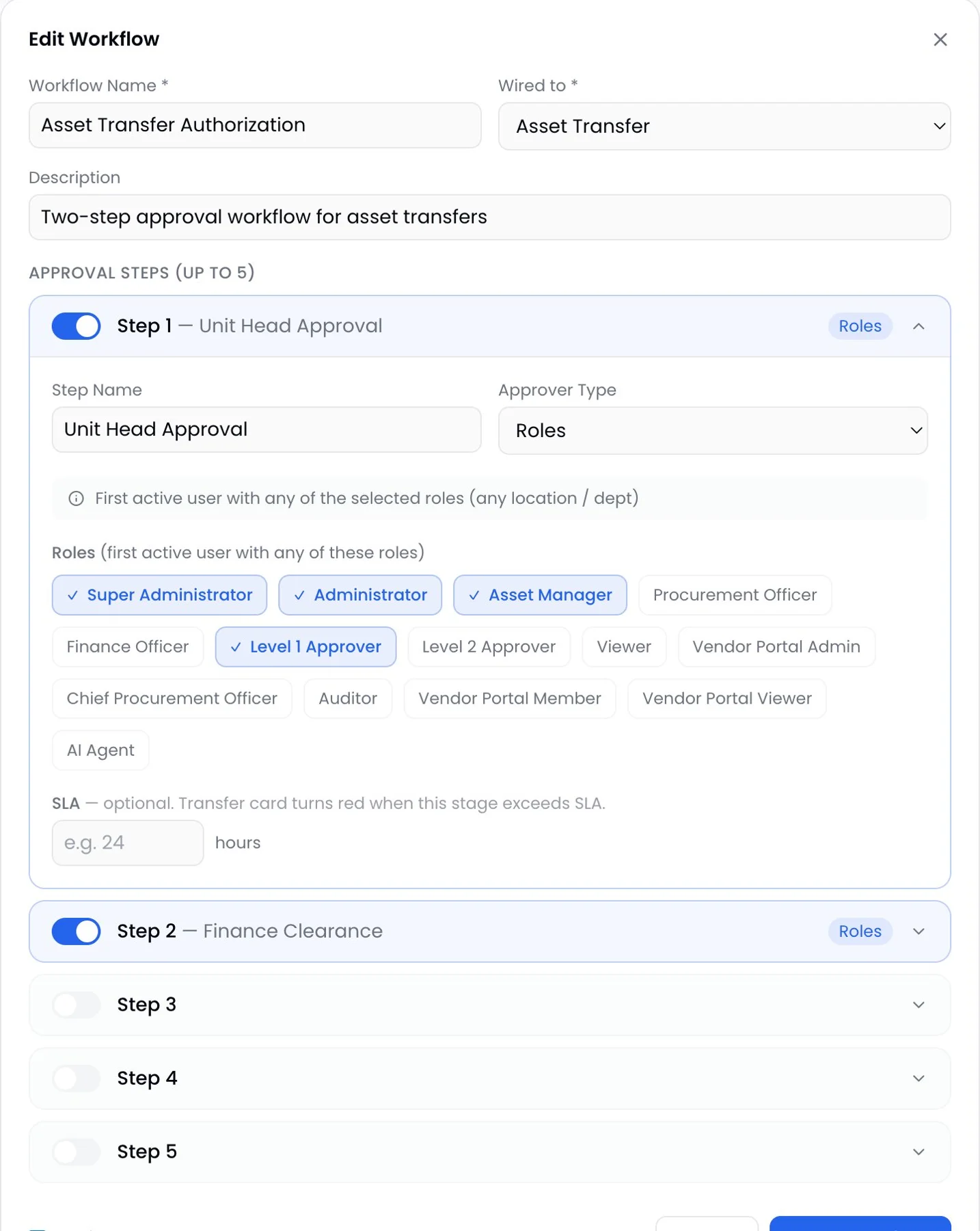 ProcurePulse workflow editor with up to five approval steps, approver roles per step and an optional SLA in hours