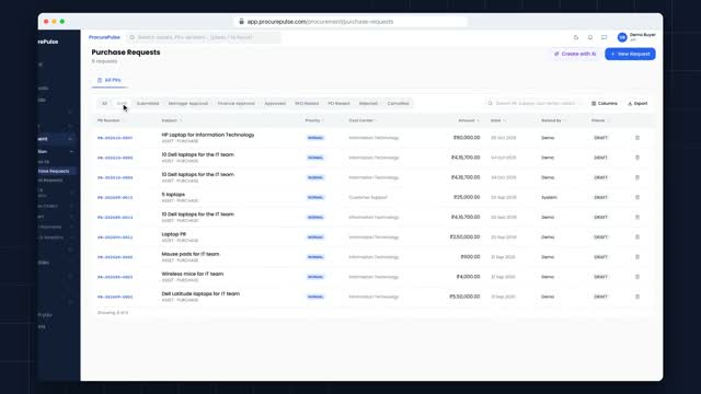 Save a purchase request as a draft, submit it later