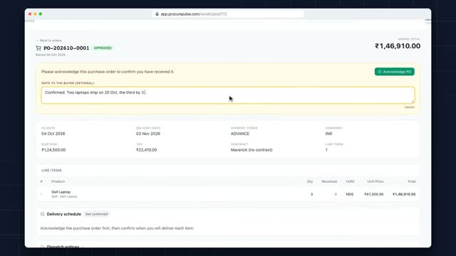 Acknowledge a PO and confirm delivery